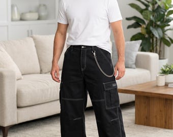 Männer Schwarz Baumwolle Gothic Techwear Cargohose Cyberpunk Kettenhose Handmade