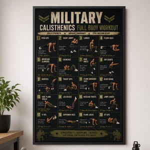 Op de afbeelding: Een zwart ingelijste wandposter met de titel Military Calisthenics Full Body Workout. De poster bevat twintig genummerde oefenillustraties met tekstinstructies en herhalingsaantallen op een donkere achtergrond met gouden accenten.