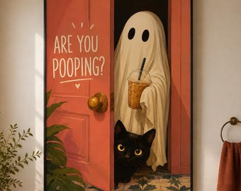 Funny Halloween Bathroom Poster, Ghost Cat Wall Art, Are You Pooping Print, Spooky Coffee Decor, Cute Black Cat Halloween Bathroom Decor
