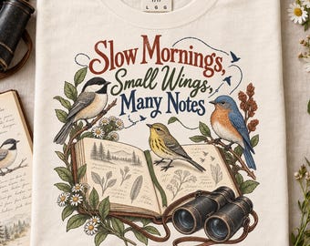 Bird Watching Shirt, Slow Mornings Small Wings Tee, Vintage Birdwatcher Gift, Nature Journal T Shirt, Comfort Colors Birder Shirt