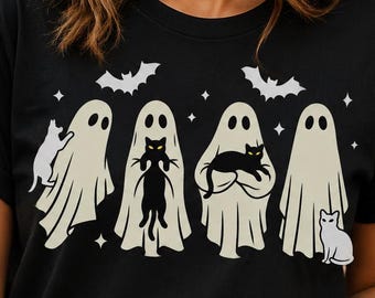 Gildan Halloween Ghost Cat Shirt, Spooky Black Cat Graphic Tee, Cute Retro Halloween T-Shirt
