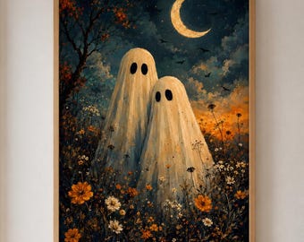 Whimsical Ghost Wall Art, Floral Halloween Poster, Gothic Autumn Decor