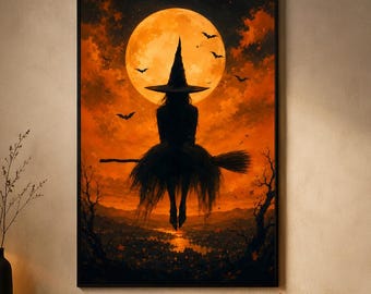 Halloween Witch Wall Art, Flying Witch Poster, Orange Full Moon Gothic Decor, Spooky Halloween Canvas, Dark Witchcore Print