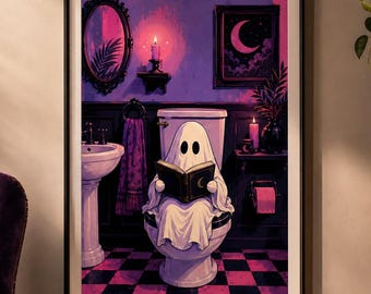 Funny Ghost Bathroom Wall Art, Spooky Halloween Poster or Canvas, Gothic Book Lover Decor
