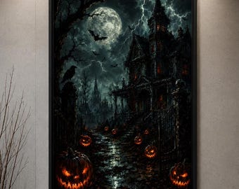 Gothic Haunted House Wall Art, Spooky Mansion Halloween Decor (Poster or Canvas)
