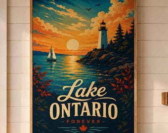 Lake Ontario Vintage Travel Poster, Lighthouse Sunset Wall Art, Great Lakes Decor, Sailboat Coastal Print, Canadian Lake House Artwork