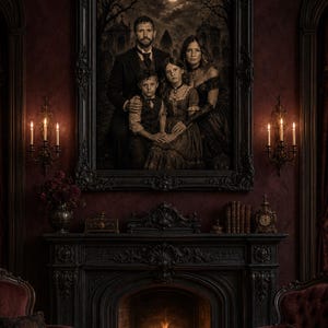 May include: A large, ornate black-framed portrait of a family of four, featuring a man, woman, boy, and girl, set against a dark, moonlit cemetery background. The portrait hangs above a dark fireplace with a burning fire and two wall sconces.