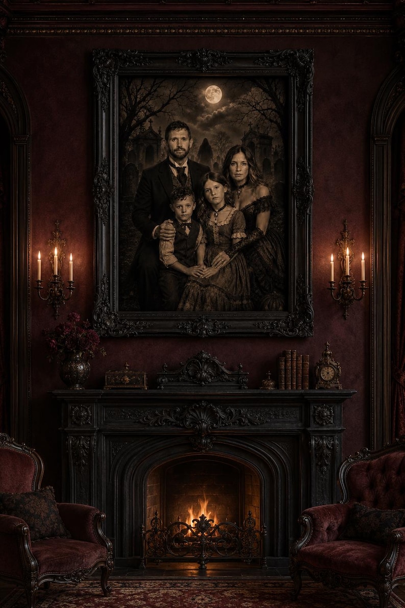 May include: A large, ornate black-framed portrait of a family of four, featuring a man, woman, boy, and girl, set against a dark, moonlit cemetery background. The portrait hangs above a dark fireplace with a burning fire and two wall sconces.