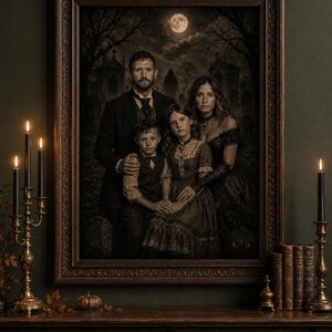 May include: A framed portrait of a family of four in a dark, cemetery setting under a full moon. The family consists of two adults and two children dressed in dark, formal attire. The portrait is displayed on a wooden mantel with brass candle holders.