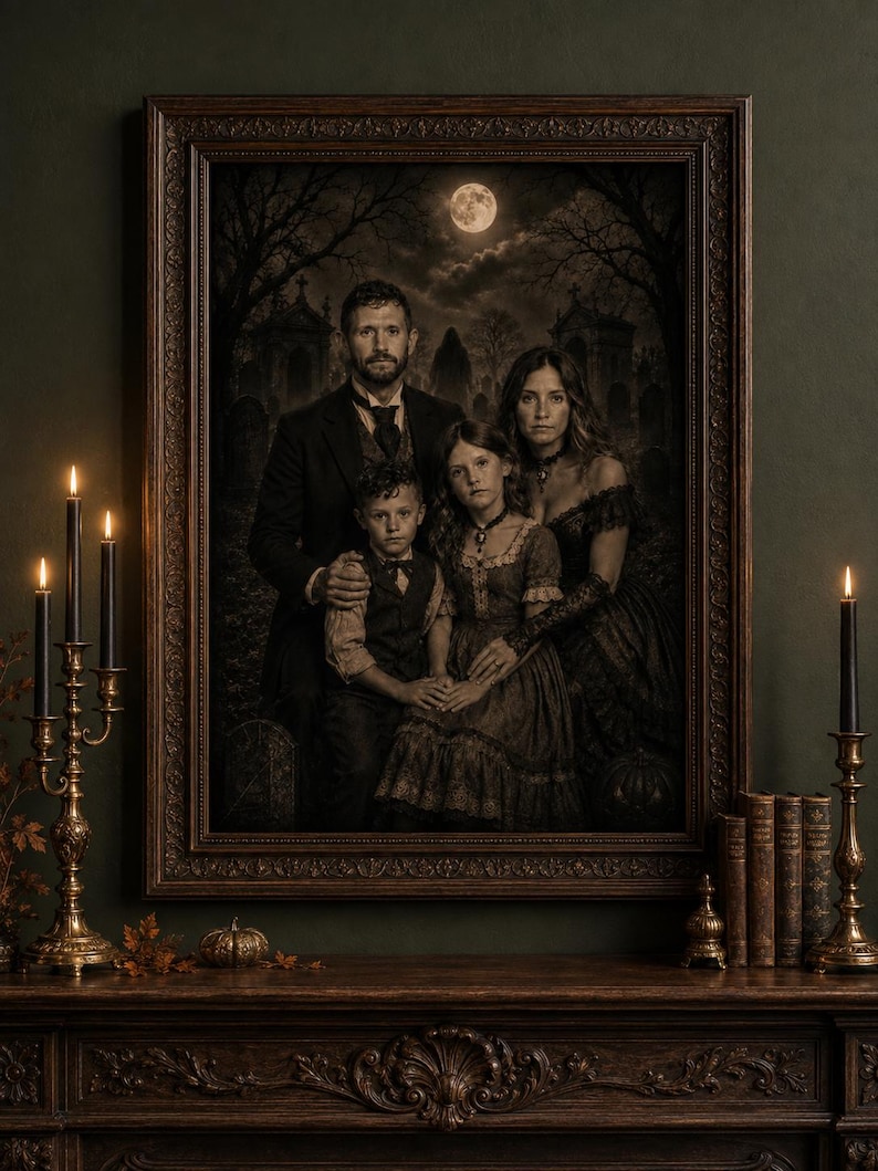 May include: A framed portrait of a family of four in a dark, cemetery setting under a full moon. The family consists of two adults and two children dressed in dark, formal attire. The portrait is displayed on a wooden mantel with brass candle holders.