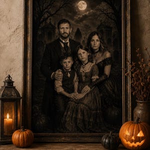 May include: A framed portrait of a family in dark, vintage-style clothing set against a moonlit cemetery background. The scene includes a lit lantern, two small pumpkins, and a large, carved, glowing jack-o'-lantern on a wooden surface.