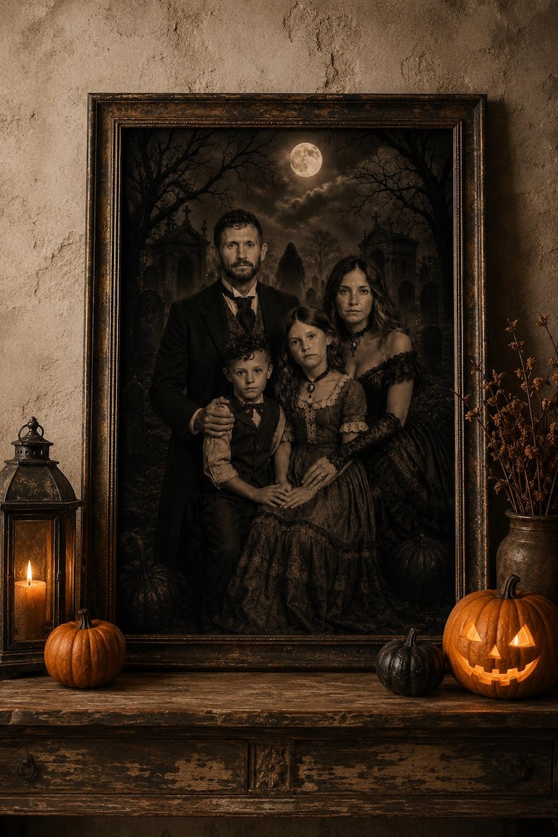May include: A framed portrait of a family in dark, vintage-style clothing set against a moonlit cemetery background. The scene includes a lit lantern, two small pumpkins, and a large, carved, glowing jack-o'-lantern on a wooden surface.