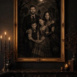 May include: A framed portrait of a family of four in dark, formal attire set against a moonlit cemetery background. The painting features a man, a woman, a young boy, and a young girl, all rendered in muted, somber tones within an ornate gold frame.