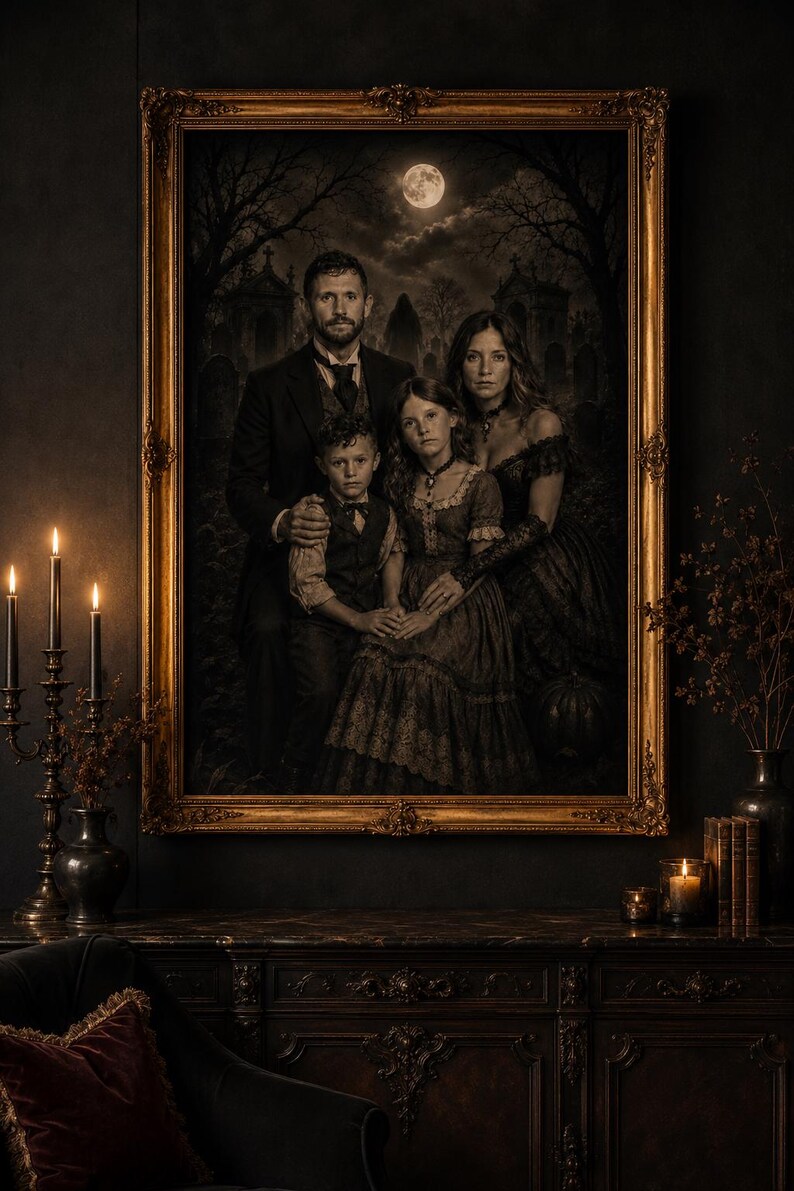 May include: A framed portrait of a family of four in dark, formal attire set against a moonlit cemetery background. The painting features a man, a woman, a young boy, and a young girl, all rendered in muted, somber tones within an ornate gold frame.