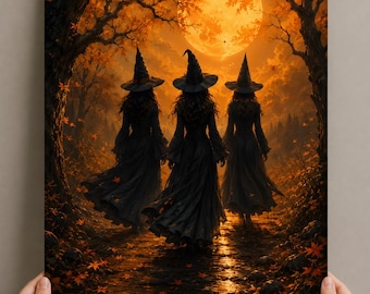 Three Witches Full Moon Art Print, Gothic Autumn Coven Poster