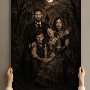 May include: A sepia-toned portrait of a family of four standing in a dark, moonlit cemetery. The group includes an adult, a child, and another adult, all dressed in dark, formal attire. The background features bare trees, gravestones, and a full moon.