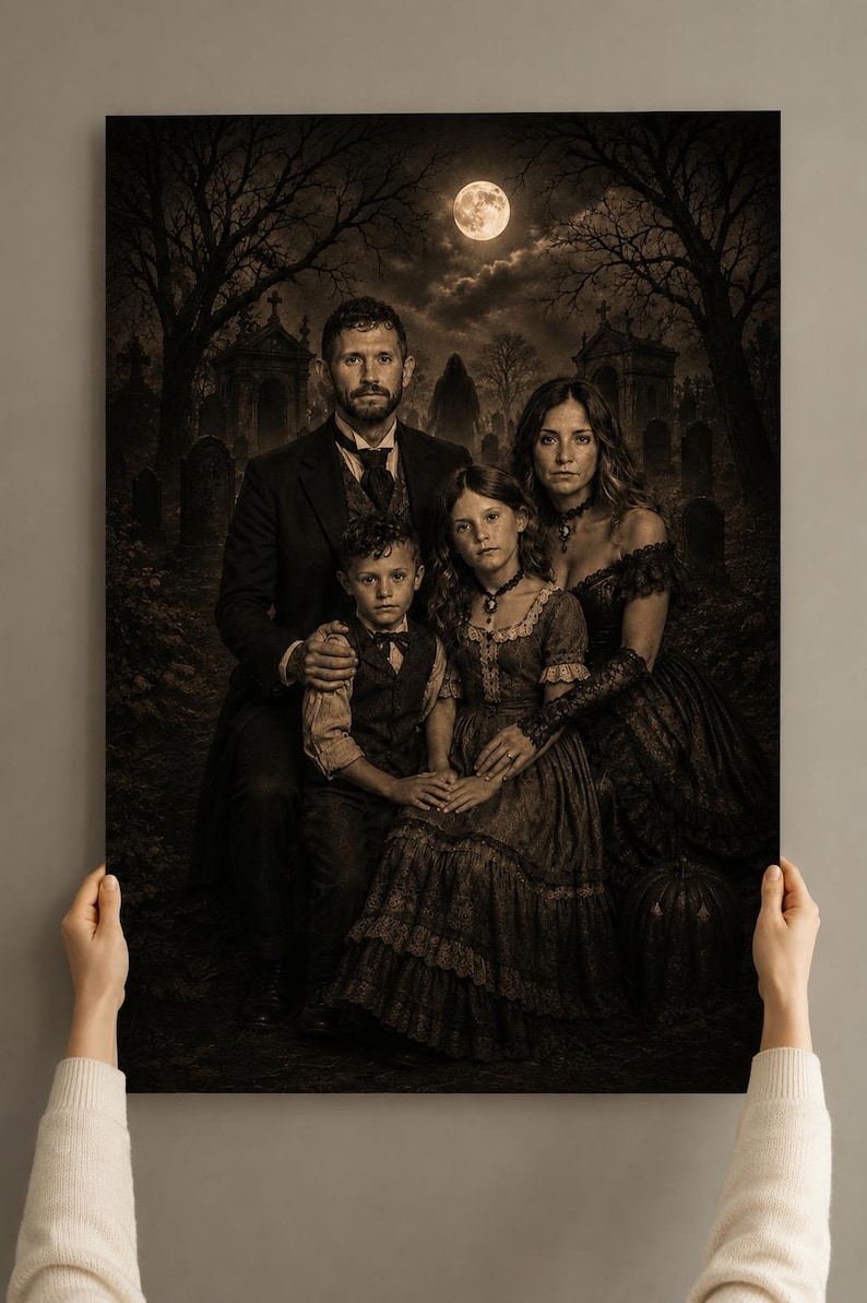 May include: A sepia-toned portrait of a family of four standing in a dark, moonlit cemetery. The group includes an adult, a child, and another adult, all dressed in dark, formal attire. The background features bare trees, gravestones, and a full moon.