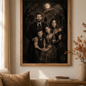 May include: A framed wall art print featuring a family portrait in a dark, gothic cemetery setting under a full moon. The family consists of two adults and two children dressed in vintage-style dark clothing, captured in a moody, sepia-toned aesthetic.
