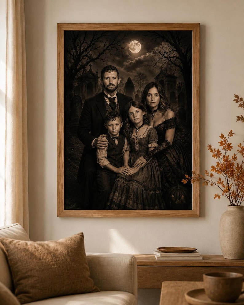 May include: A framed wall art print featuring a family portrait in a dark, gothic cemetery setting under a full moon. The family consists of two adults and two children dressed in vintage-style dark clothing, captured in a moody, sepia-toned aesthetic.