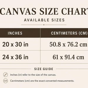 May include: A canvas size chart with the heading CANVAS SIZE CHART and AVAILABLE SIZES. A table lists two options: 20 x 30 in (50.8 x 76.2 cm) and 24 x 36 in (61 x 91.4 cm). A size guide section explains that inches refer to canvas size.