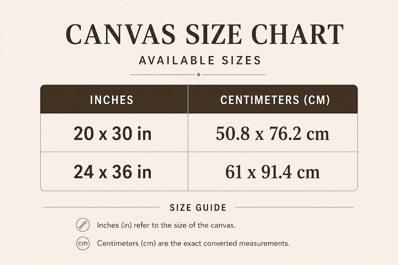 May include: A canvas size chart with the heading CANVAS SIZE CHART and AVAILABLE SIZES. A table lists two options: 20 x 30 in (50.8 x 76.2 cm) and 24 x 36 in (61 x 91.4 cm). A size guide section explains that inches refer to canvas size.