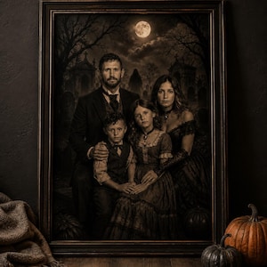 May include: A framed portrait of a family in dark, vintage-style clothing set against a graveyard background under a full moon. The group includes two adults and two children, all with serious expressions, presented in a dark, sepia-toned aesthetic.