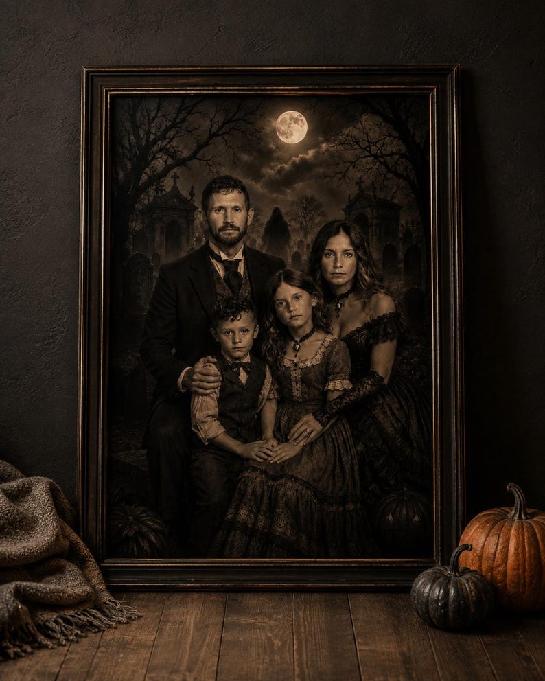 May include: A framed portrait of a family in dark, vintage-style clothing set against a graveyard background under a full moon. The group includes two adults and two children, all with serious expressions, presented in a dark, sepia-toned aesthetic.