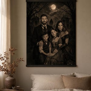 May include: A rectangular wall hanging featuring a dark, sepia-toned portrait of a family of four in formal attire. The scene is set in a graveyard under a full moon with bare trees and tombstones. The print is mounted on a black wooden frame.