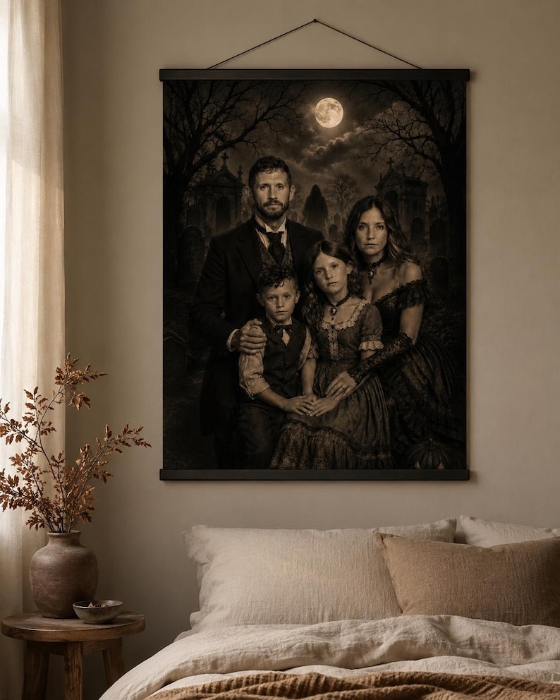 May include: A rectangular wall hanging featuring a dark, sepia-toned portrait of a family of four in formal attire. The scene is set in a graveyard under a full moon with bare trees and tombstones. The print is mounted on a black wooden frame.
