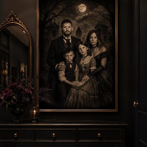 May include: A framed portrait of a family of four in dark, formal attire, set against a moonlit cemetery background. The artwork features a man, a woman, a young boy, and a young girl, all with serious expressions, displayed in a thin gold frame.