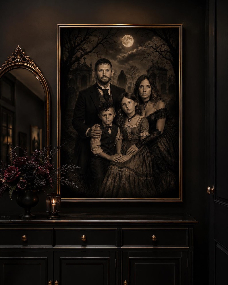 May include: A framed portrait of a family of four in dark, formal attire, set against a moonlit cemetery background. The artwork features a man, a woman, a young boy, and a young girl, all with serious expressions, displayed in a thin gold frame.