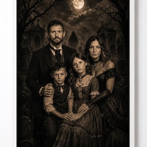 May include: A sepia-toned portrait of a family of four in dark, period-style clothing. The group stands in a graveyard under a full moon. The father wears a suit, the mother a lace-trimmed dress, and the two children wear formal attire.