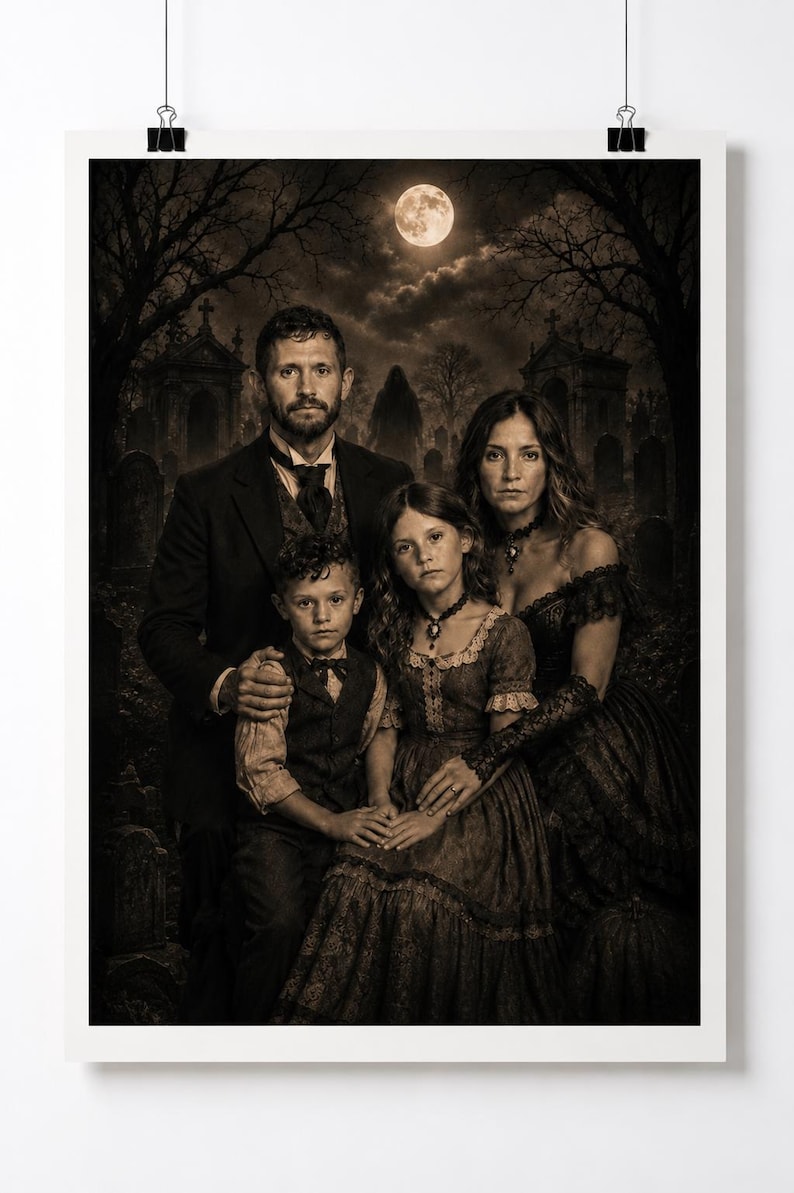May include: A sepia-toned portrait of a family of four in dark, period-style clothing. The group stands in a graveyard under a full moon. The father wears a suit, the mother a lace-trimmed dress, and the two children wear formal attire.