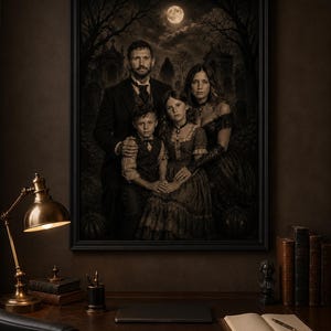 May include: A framed portrait of a family of four in dark, vintage-style clothing set against a moonlit cemetery background. The scene includes a brass desk lamp, a stack of books, a small bust, and an open notebook on a dark wooden desk.