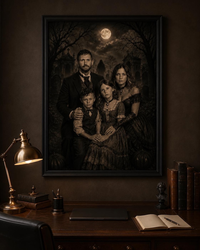 May include: A framed portrait of a family of four in dark, vintage-style clothing set against a moonlit cemetery background. The scene includes a brass desk lamp, a stack of books, a small bust, and an open notebook on a dark wooden desk.
