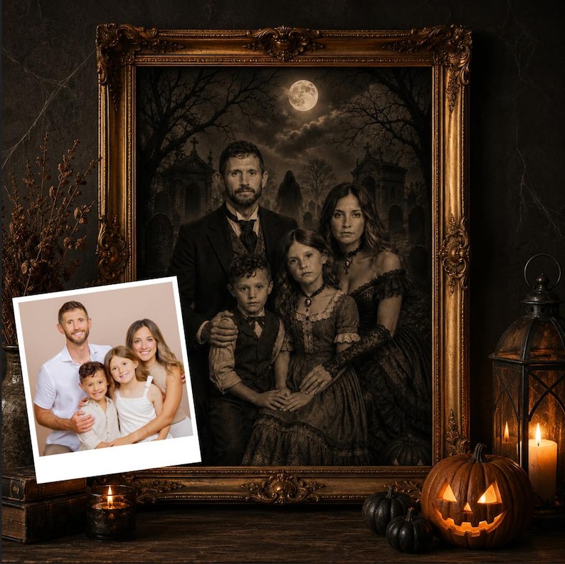 May include: A digital portrait of a family of four in a gothic style, displayed in an ornate gold frame. The image features a man, woman, boy, and girl in dark, vintage-inspired clothing set against a moonlit cemetery background with a jack-o'-lantern.