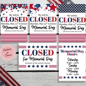 Mall för stängd skylt för Memorial Day, redigerbar Canvas, utskrivbar patriotisk affärsverksamhet, digital nedladdning av skyltar för röd vit blå helgdagstider