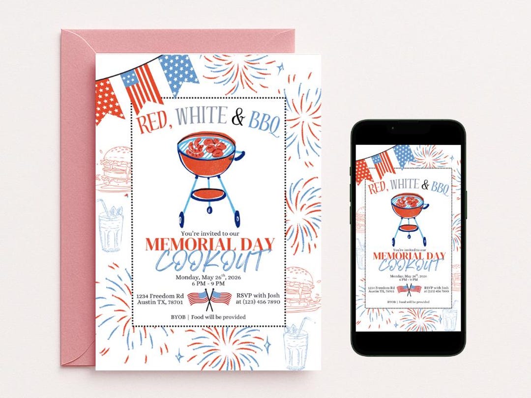 Memorial Day Barbeque Invitation, Red White and BBQ Cookout Invite, 4th ...