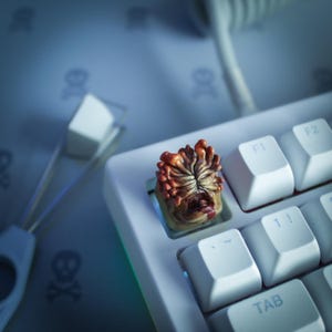 May include: A custom keycap featuring a detailed, textured design in shades of brown and tan, set on a white mechanical keyboard. The keycap is a unique, artistic addition to a gaming setup or computer.