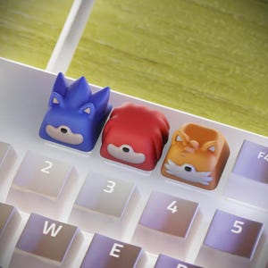 Pode incluir: Três teclas temáticas de personagens em azul, vermelho e laranja, que se assemelham a um ouriço, um equidna e uma raposa, respectivamente. As teclas estão em um teclado branco com teclas numeradas e com letras. O fundo é verde claro e amarelo.
