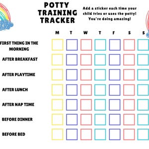 May include: Potty training tracker with a rainbow design. The chart includes spaces to add stickers for each potty attempt, with prompts for morning, breakfast, playtime, lunch, naptime, dinner, and bedtime. Text reads: "You're doing amazing!"