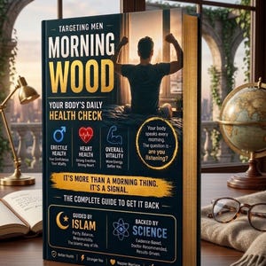 Op de afbeelding: Een boek getiteld "MORNING WOOD" met een man die zijn armen op de achtergrond omhoog doet. De omslag bevat tekst over erectiele gezondheid, hartgezondheid en algehele vitaliteit. Het boek is "GELEID DOOR ISLAM" en "ONDERSTEUND DOOR WETENSCHAP".