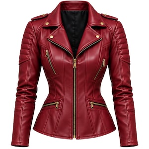 Könnte beinhalten: Eine dunkelrote Kunstlederjacke mit Reverskragen, einem zentralen goldenen Reißverschluss und zwei diagonalen Reißverschlusstaschen auf der Brust. Das Kleidungsstück hat gesteppte Schulterpartien, lange Ärmel und zwei weitere Reißverschlusstaschen an der Taille.