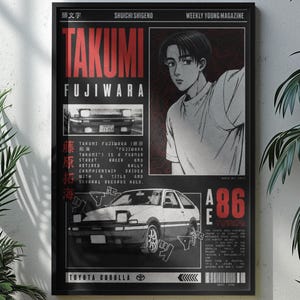 Può includere: Un poster rettangolare nero con un'illustrazione grafica di Takumi Fujiwara e una Toyota Corolla AE86 bianca. Il design include testo rosso e bianco, caratteri giapponesi e dettagli tecnici sull'auto e sul personaggio in un layout grafico.