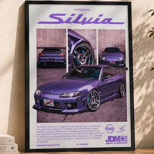 May include: A framed vertical poster featuring a purple Nissan Silvia S15. The design includes the text 'NISSAN Silvia' at the top, three smaller car images, and a large central image of the purple car. Text at the bottom details the vehicle.
