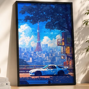 Pode incluir: Uma impressão artística vertical emoldurada apresentando um carro esportivo azul dirigindo em uma estrada com o horizonte da cidade e uma torre alta vermelha e branca ao fundo sob um céu azul brilhante com nuvens, árvores e letreiros.
