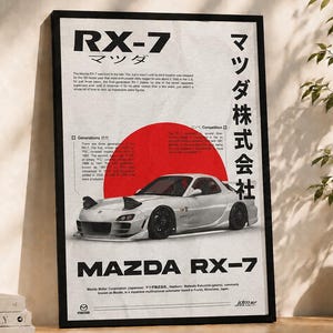 Peut inclure: Une affiche encadrée représentant une voiture de sport Mazda RX-7 blanche avec des phares escamotables, centrée devant un grand cercle rouge. Le design comprend du texte noir en anglais et en japonais détaillant l'histoire du véhicule.