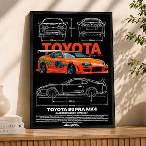 Puede incluir: Un póster con marco negro que presenta una ilustración técnica del Toyota Supra MK4. El diseño incluye un coche naranja vibrante, dibujos lineales blancos de frente, atrás y perfil con dimensiones, y el texto TOYOTA SUPRA MK4.