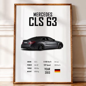 May include: A framed poster featuring a dark gray Mercedes CLS 63 car. The text reads MERCEDES CLS 63, with technical specifications including 5.5 L engine, 514 HP, 630 Nm torque, 1870 Kg weight, 0-100 Km/h in 3.6 sec, 300 Km/h top speed, and year 2013.