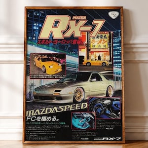 May include: A rectangular poster in a wooden frame featuring a Mazda RX-7 car. The design includes large text reading MAZDA RX-7, multiple images of yellow and silver sports cars, Japanese text, and interior vehicle details on a dark background.